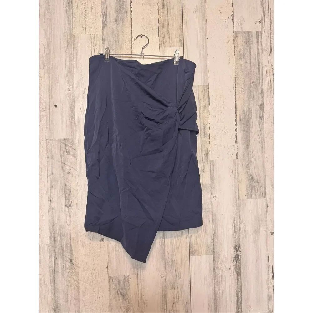 Kate Kasin Navy Blue Wrap Skirt XXL Asymmetrical Ruched Bodycon Midi Skirt Plus